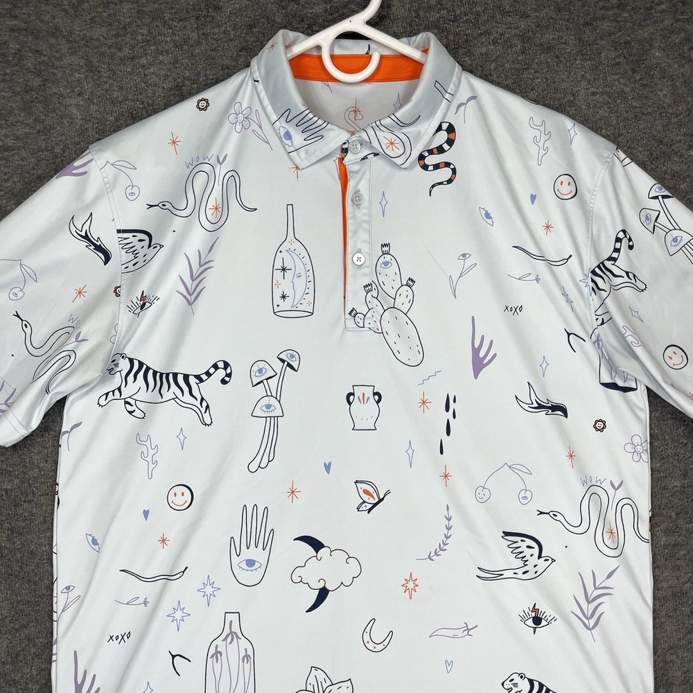 Swannies Golf Polo Mens Large Blue Brock Doodle Print Dessert Cactus‎ mushrooms